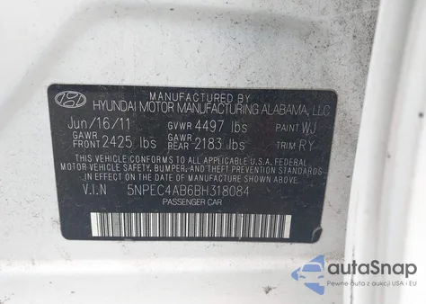 2011 Hyundai Sonata Se 2.0T z USA, uszkodzony, nr VIN 5NPEC4AB6BH318084